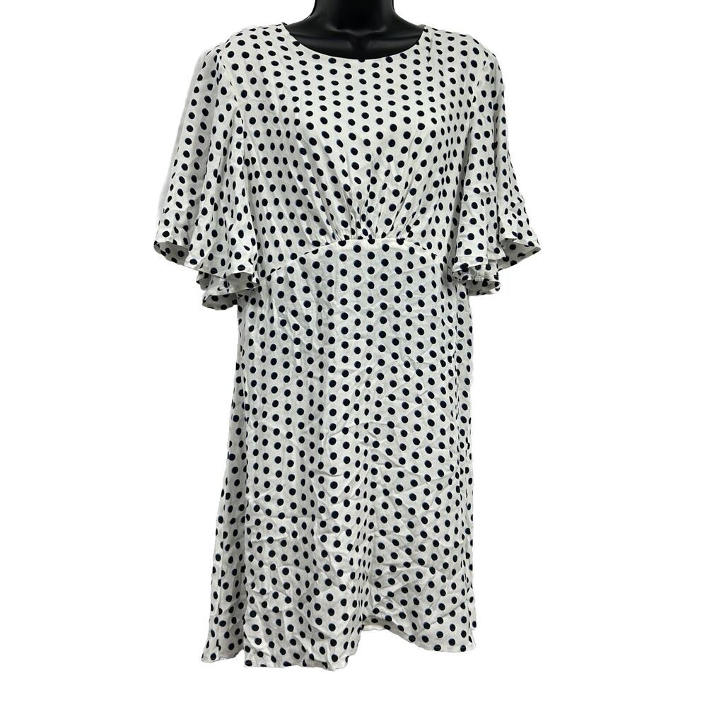 Express Sz L White Navy Blue Polka Dot Mini Dress Cut Out indie office work
